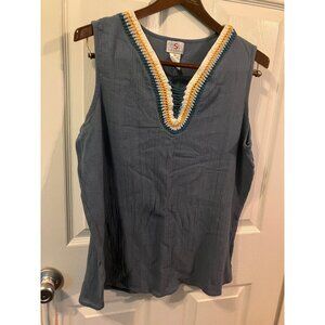 OSO Casual's Cotton Blue w/decor  Blouse Top T-shirt V-neck  Sleeveless Size XL